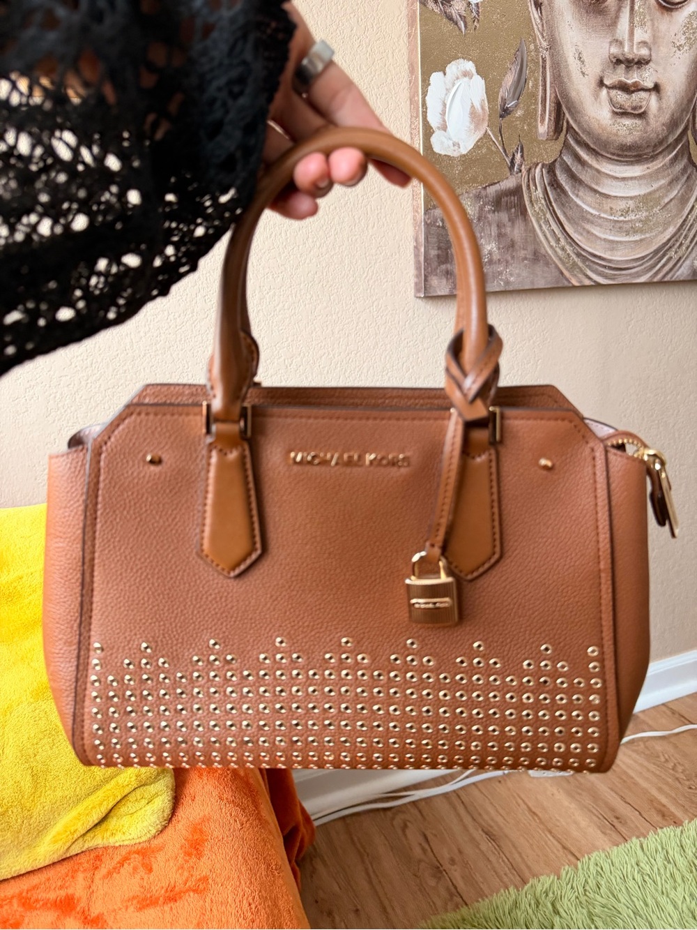 Michael Kors Cognac Leather Studded Satchel